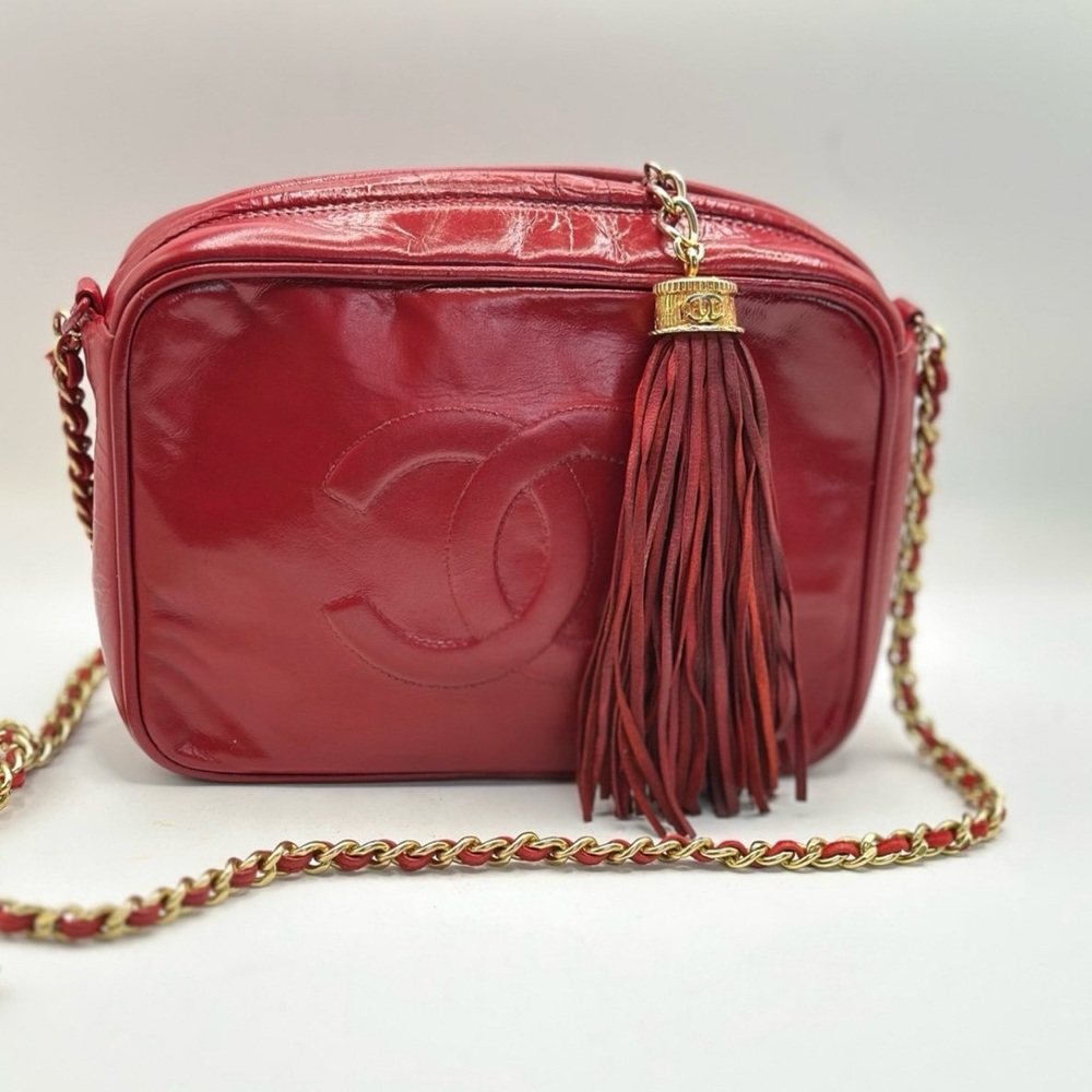 Chanel red camera crossbody bag with chain and tassel